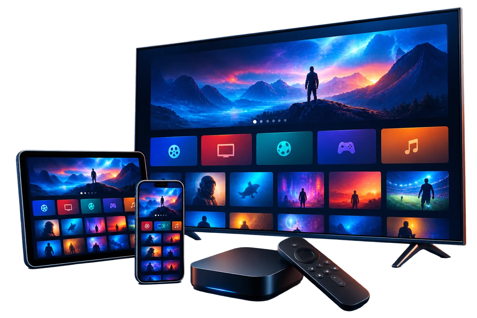 Téléviseur, tablette et téléphone affichant une interface de divertissement abstraite